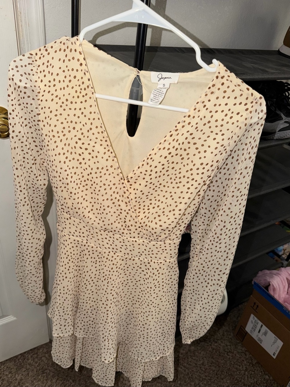 Cream Long Sleeve Polka Dot Flowy Wrap Dress
